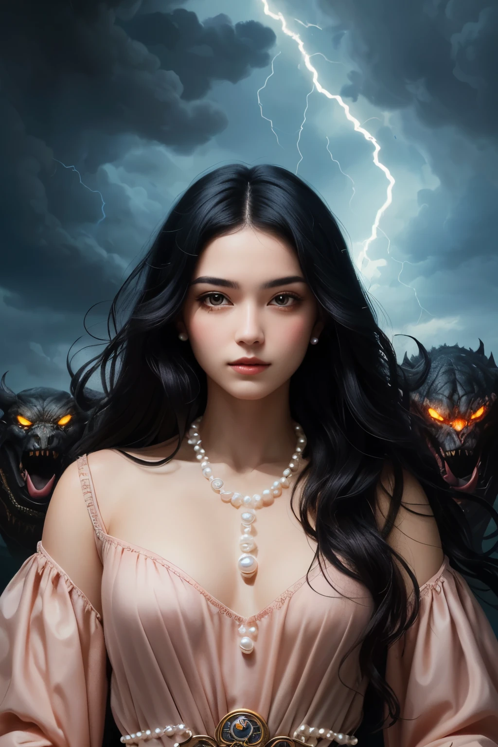 ((best quality)), ((masterpiece)), (detailed), A digital illustration of a young woman in peach color dress with long black hair wearing a pearl locket surrounded by dark storm clouds and monsters. She has a positive energy above her and a word Jimni girl is written at center