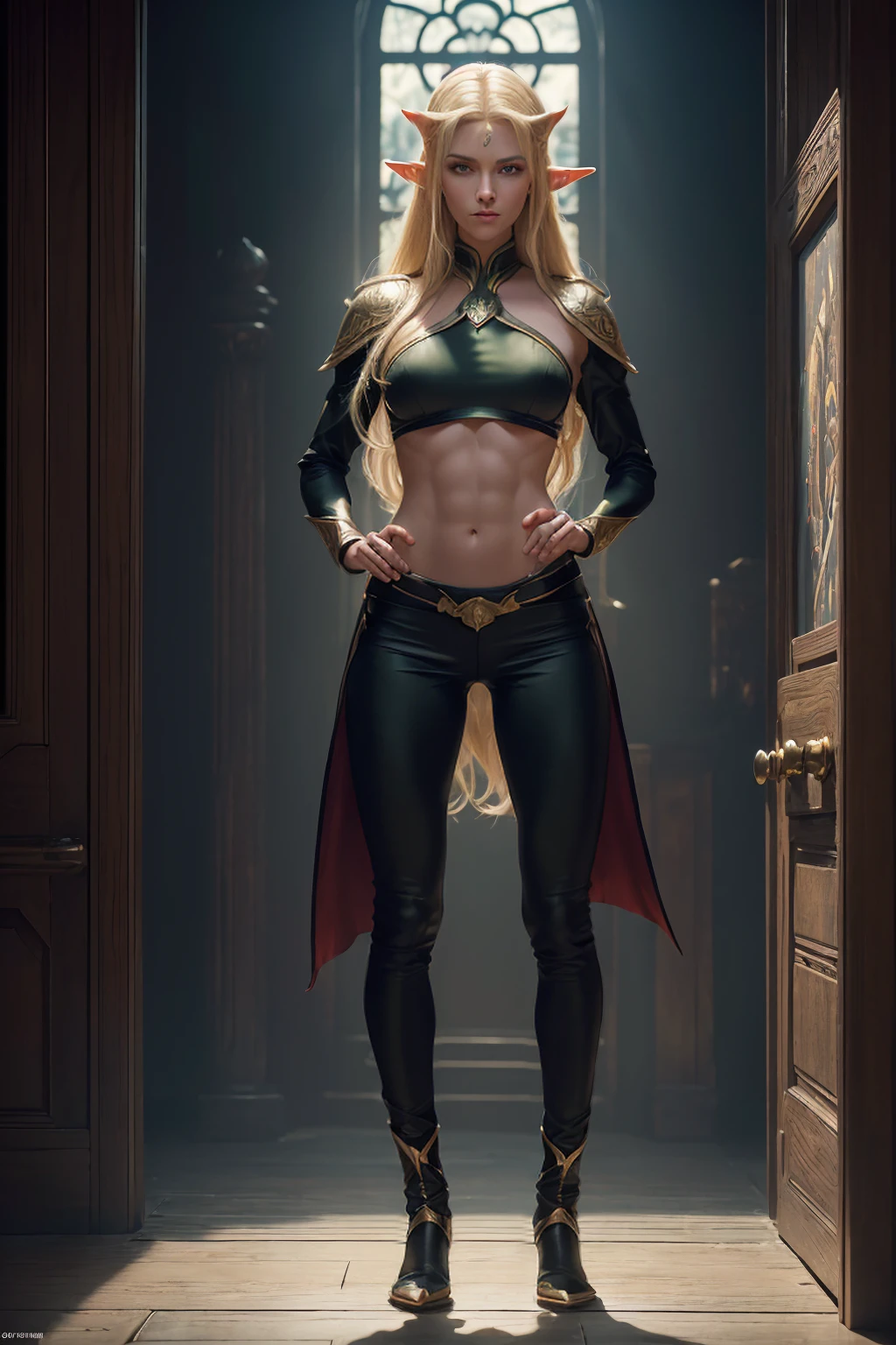 ((Full body photo, standing, feet on the floor) 8k,An elf woman who is the vice-commander of the Knights of the Brave.,Super beautiful(like the real thing),green eyes,elf ears,blonde straight hair,muscular slim body,strongly cracked abdominal muscles,luxurious black exterior,luxury black combat pants,anger,long slit eyes,masterpiece,Photorealistic RAW photos of the highest quality。bright colors,rich colors, Backlight, cinematic lighting, film grain, to be born, 50mm lens, Nikon D850,realistic skin,fantasy art,character art,ultra high resolution,realistic scale skin,Perfect hand shape,view audience,beautiful expression,comb one's hair,very small breasts,Gorgeous black very small breasts chest armor,luxurious black shoulder armor,luxury black gauntlets,luxurious black waist armor,luxury black leg armor,view audience,thin chest plate,perspective from above,Close-up,sharp gaze,Dynamic action scenes,Forms of anger,stand on the battlefield,fighting pose,battle in the wilderness,