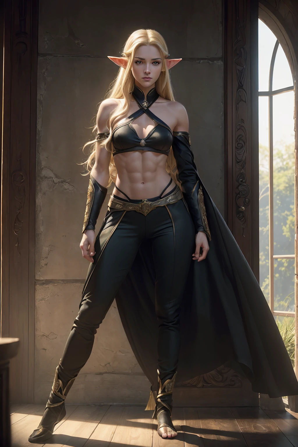 ((Full body photo, standing, feet on the floor) 8k,An elf woman who is the vice-commander of the Knights of the Brave.,Super beautiful(like the real thing),green eyes,elf ears,blonde straight hair,muscular slim body,strongly cracked abdominal muscles,luxurious black exterior,luxury black combat pants,anger,long slit eyes,masterpiece,Photorealistic RAW photos of the highest quality。bright colors,rich colors, Backlight, cinematic lighting, film grain, to be born, 50mm lens, Nikon D850,realistic skin,fantasy art,character art,ultra high resolution,realistic scale skin,Perfect hand shape,view audience,beautiful expression,comb one&#39;s hair,very small breasts,Gorgeous black very small breasts chest armor,luxurious black shoulder armor,luxury black gauntlets,luxurious black waist armor,luxury black leg armor,view audience,thin chest plate,perspective from above,Close-up,sharp gaze,Dynamic action scenes,Forms of anger,stand on the battlefield,fighting pose,battle in the wilderness,