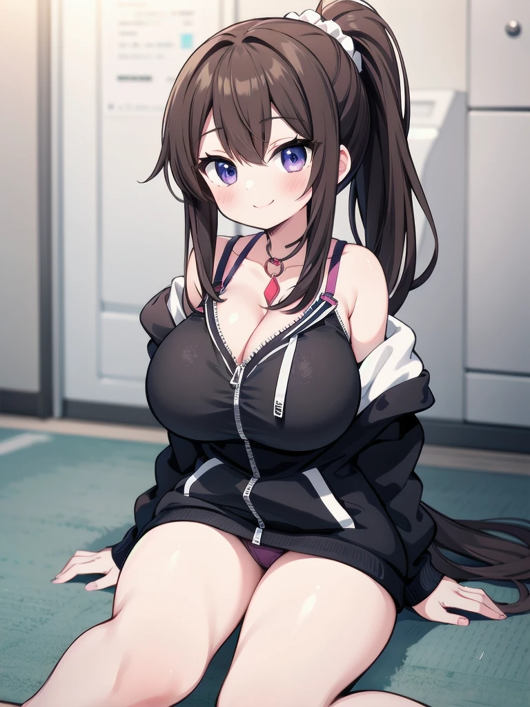 there is a picture of an anime style cartoon of a hot girl sitting on the ground touching something, 1girl, breasts, solo, underwear, smile, cleavage, panties, gigantic breasts, hood, brown hair, sitting, scrunchie, hoodie, zipper, extra long ponytail, bare shoulder