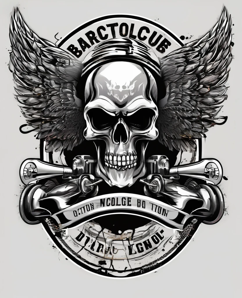 T-shirt designs, Fully editable vector illustration of vintage biker skull with wings and pistons emblem, text logo: MOTOR CLUBE, text logo: BARCELOS, on white background, image suitable for emblem, insignia, crest, graphic t-shirt, tattoo or t-shirt design