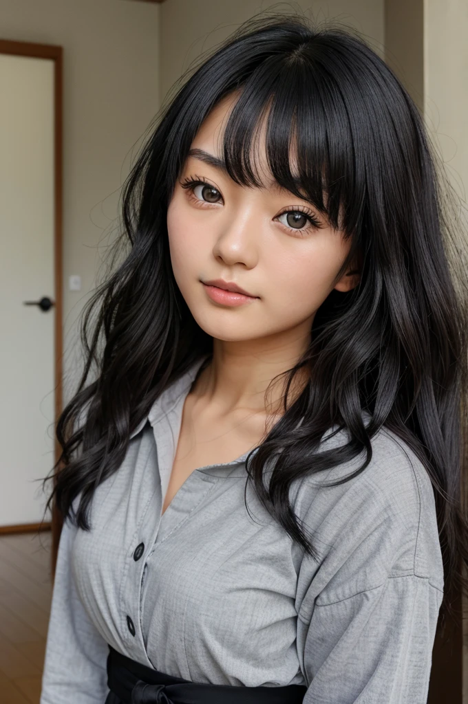 Japanese british girl with bright grey eyes and black wavy hair 