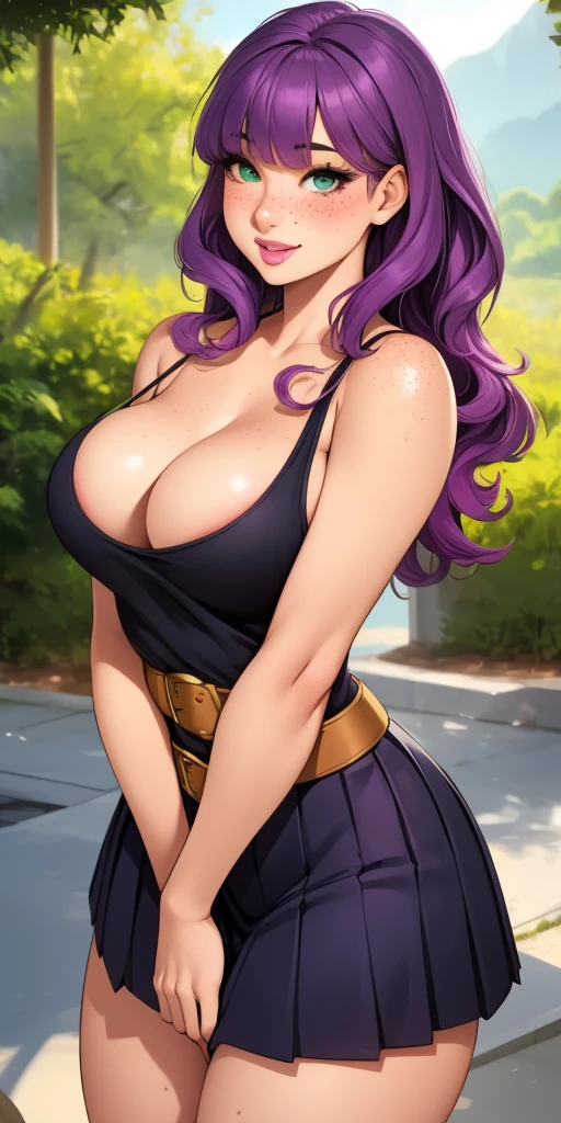 Beautiful medium breasts, 1girl, ((purple hair, wavy hair with bangs)) ((beautiful girl)) light green eyes, has an beautiful sensual body with freckles, with full breasts and thin waist, HIP HOP Beautiful and cute Beautiful black tank top, long pleated skirt with women's belt, fabric delicate, has a bold appearance. young, quality, realistic, best quality, cute expression, pink lipstick lips, sexy smile, leaning, In the beautiful romantic park