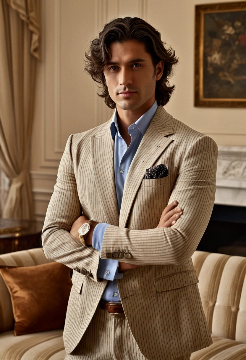 Character standing with crossed arm, Dark wavy hair, good pose, handsome man, full body, full body shot, handsome face, side pose, Real elegant pose, Businessman, (in a striped blazer), (The surrounding environment is a luxurious and classic living room) (sand tone image)