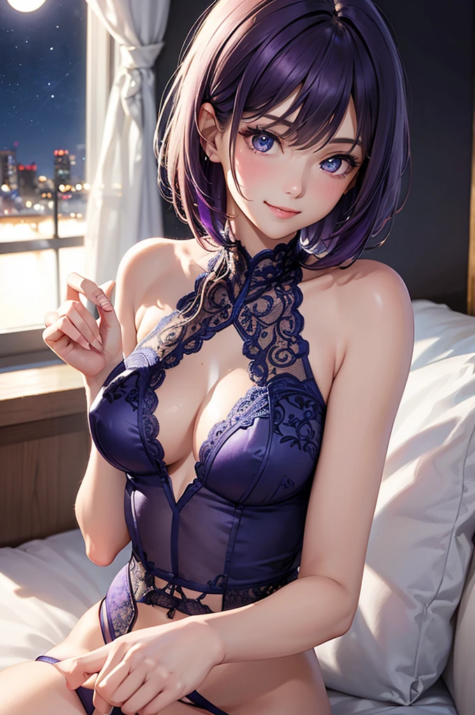 Best Quality,High resolution,8k,finelity detailed background,Masterpiece:1.2),beautiful girl,Shiny purple hair,bob cut,Purple Eyes,Gentle look,A refreshing look,Smiling Kindly,Best quality,Best Quality,Aesthetic and aesthetic:1.2,Best details((Super detailed))(High-definition CG illustrations),Upper Body,Blue underwear, (blue intricate lace),Slender body,night,moon,Bedroom,On the bed,smile,blush,cute,Scrounge,Looking up,Being spoiled,super model,wariza,shoot from,below