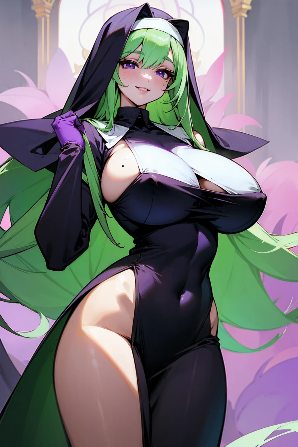 very light green hair,long hair,2mole under the eye,purple eyes,big breast,voluptuous,smiling,nun,
