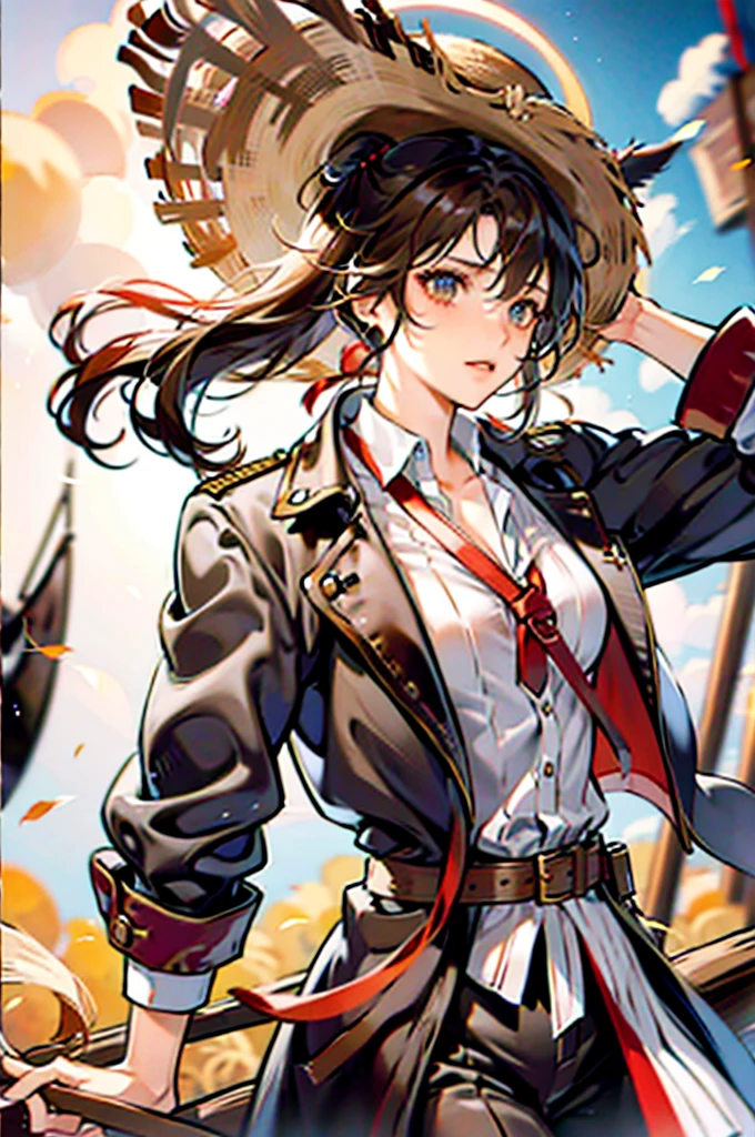 1 female, medium length brown hair, hazel eyes, wearing pirate outfit, at the helm of a pirate ship, wearing straw hat with red band, wearing straw hat