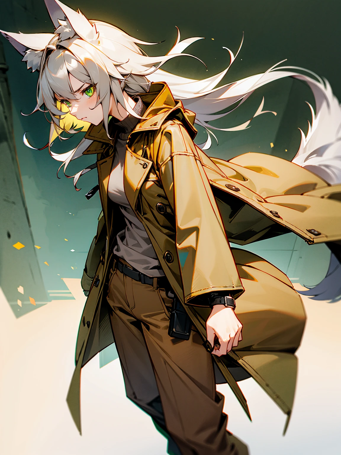 1female, wolf ears, grey hair, green eyes, wolf tail, brown trenchcoat, brown baggy pants, serious