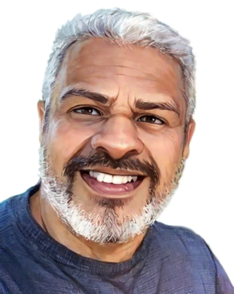 man with beard, Disney, Pixar cartoon style avatar, dark brown eyes.