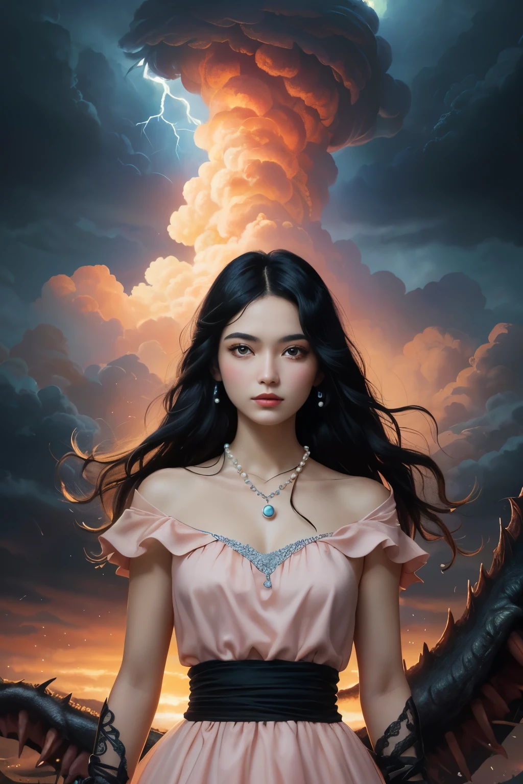 ((best quality)), ((masterpiece)), (detailed), A digital illustration of a young woman in peach color dress with long black hair wearing a pearl locket surrounded by dark storm clouds and monsters. She has a positive energy above her and a word Jimni girl is written at center