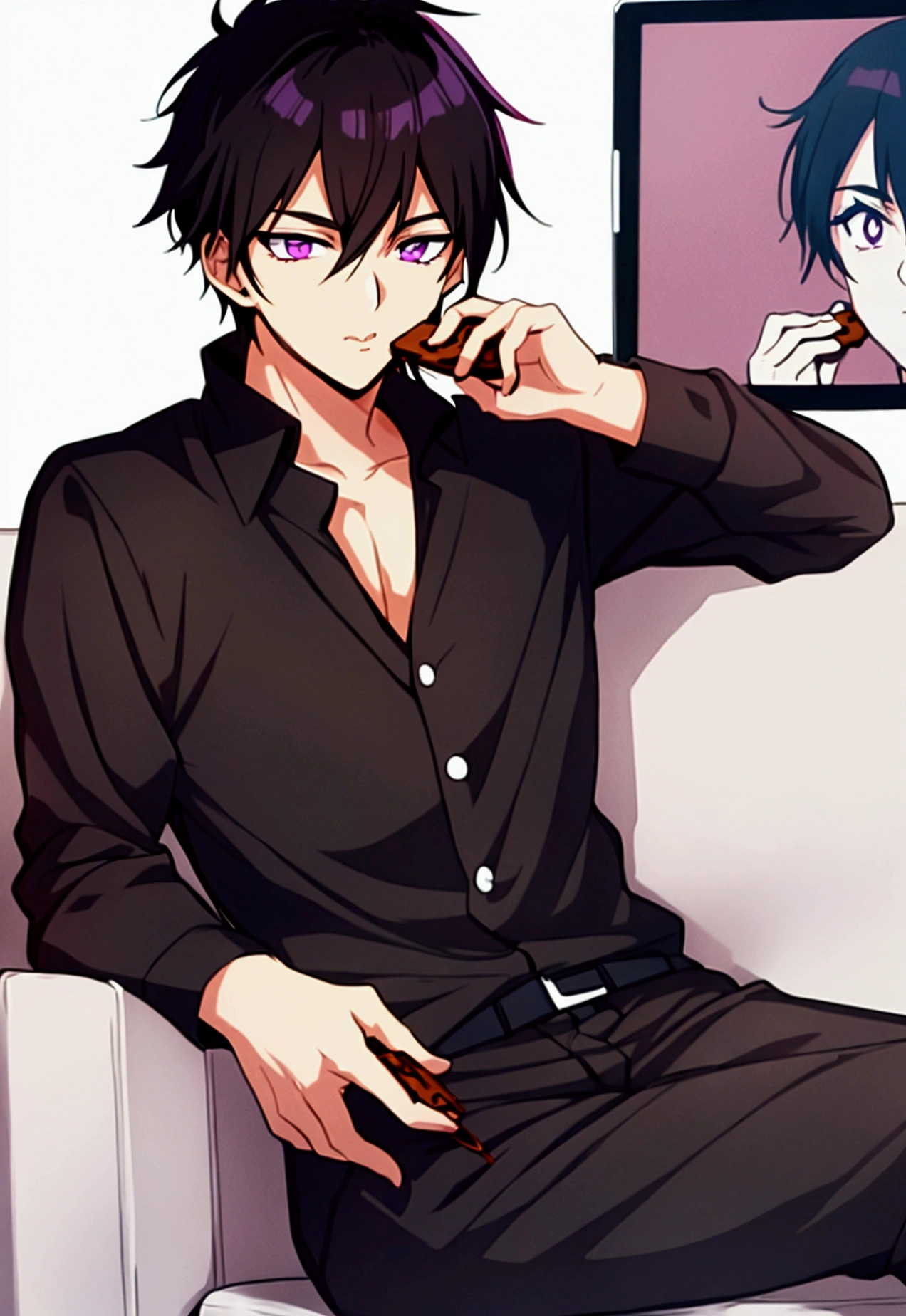 Anime boy with black hair and purple eyes eating chocolate chip cookies , sitting on the couch with the tv on