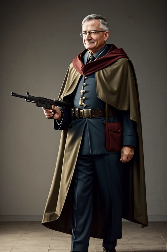 A veteran soldier with glasses, and a gun, he is wearing a cloak-
And he looks happy
