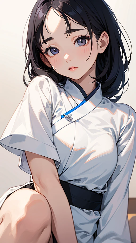 Illustration ofa close up of a woman with a white shirt and black hair, wan adorable korean face, young adorable korean face, lovely delicate face, beautiful delicate face, cute korean actress, realistic. cheng yi, beautiful south korean woman, attractive female face!!!, gorgeous young korean woman, korean symmetrical face, beautiful young korean woman, south east asian with round face, korean girl