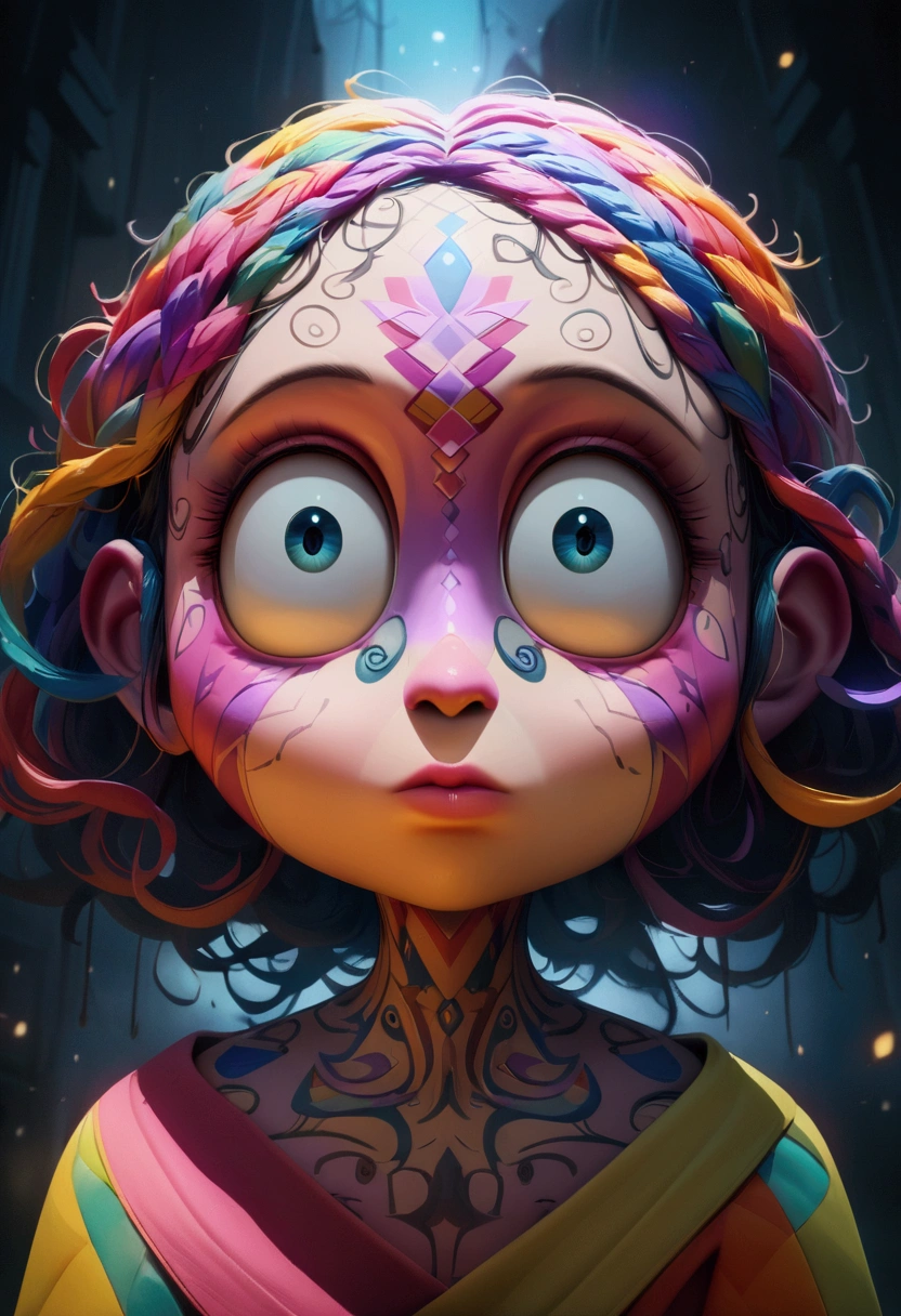 a gloomy, twisted, weird big-eyed  girl, colorful Pixar style, negative, detailed face, intricate hair, porcelain skin, expressive eyes, moody atmosphere, highly detailed, cinematic lighting, masterpiece, 8k, photorealistic