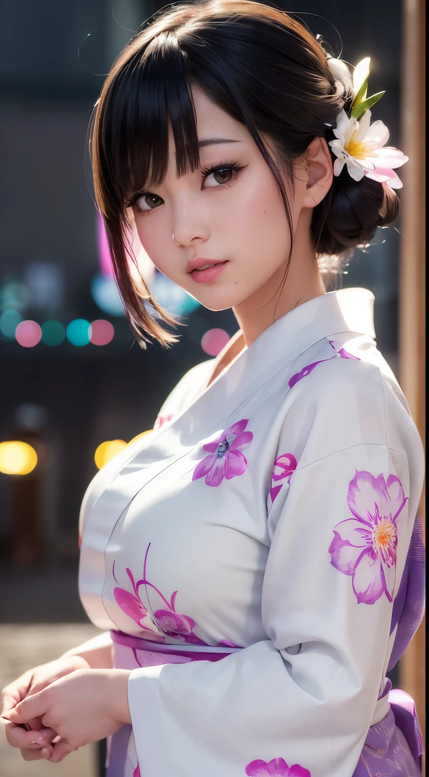 (logo、masterpiece、8k、Tabletop、RAW Photos、wonderful、最high quality、フォトリアリスティックでVery detailedな CG 複合 8k 壁紙、high quality、Very detailed、Narrative poem、Particle Effects、Dynamic Effects、Depth of the Boundary、Cinematic Light、Lens flare、Ray Tracing）、 (One beautiful woman wearing a yukata、White yukata、Light purple pattern)、Black-haired、High definition skin、Very fine、Fine skin texture、Beautiful Face、True Face、Beautiful details in the eyes、Realistic eyes、Beautifully detailed eyes、Realistic Skin、Beautiful Skin、Surreal、Smiling Eyes、Hair and light eyes、vivid、Colorful lights and bokeh、plump lower lip、Pink Lips、Hair flutters in Wind、Hair bounces、wonderful景色、night、evening、Wind、moonlight、moonlight、light