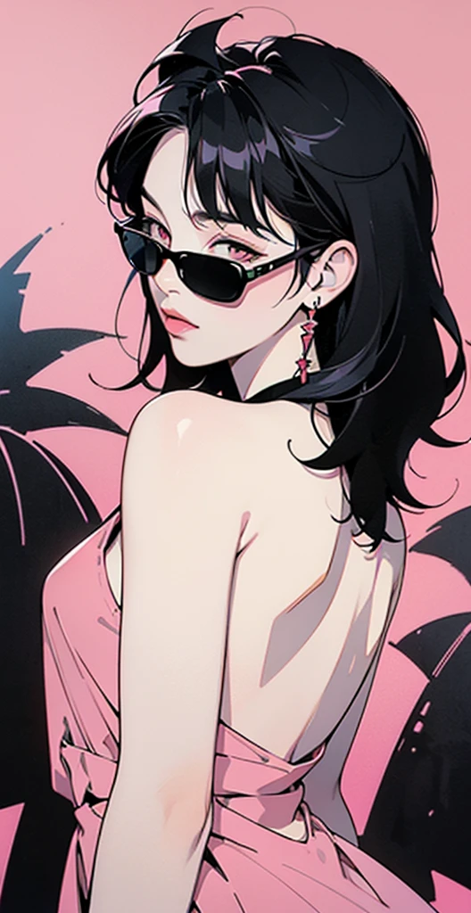 ((Lisa Black Pink)) in a dress standing in front of simple background, up close, ((Art style by Patrick Nagel)), ((8k, wallpaper, detailed)), dark sunglasses, korean pop-star, black hair, pretty hands, fringe, simple red background, palm trees, (graffiti wall:1.2), strong, courageous, art by Patrick Nagel, album art cover