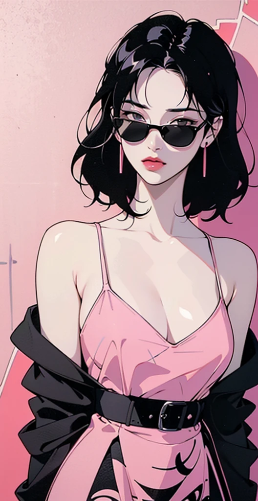 ((Lisa Black Pink)) in a dress standing in front of simple background, up close, ((Art style by Patrick Nagel)), ((8k, wallpaper, detailed)), dark sunglasses, korean pop-star, black hair, pretty hands, fringe, simple red background, palm trees, (graffiti wall:1.2), strong, courageous, art by Patrick Nagel, album art cover