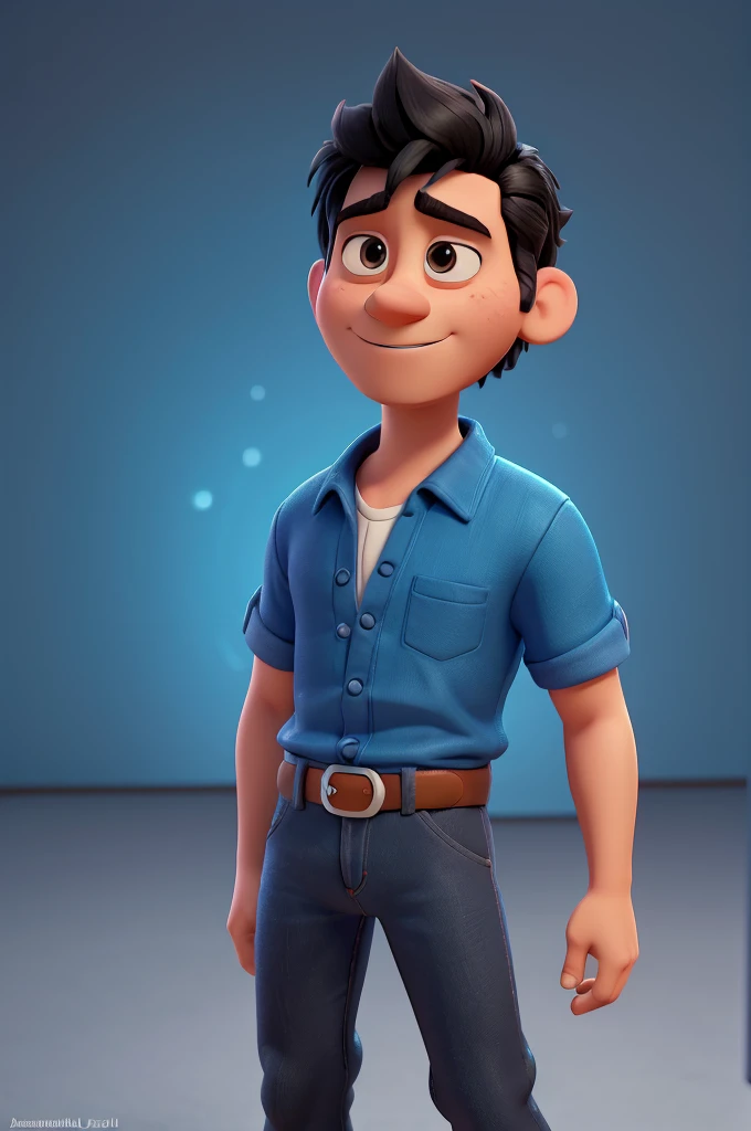 Cartoon character of a man , black hair and a blue shirt, animation character, stylized character, animation style rendering, 3d stylized, Arnold Maya rendering, Stylized 3D rendering, toon render screenshot, 3d character, 3d character, Stylized 3D rendering, 3D character rendering, cartoon character, Personagem de close up, character posing,  (Pixar-style) (master part:1.2) (bokeh) (best qualityer) (skin detailed) (detailed texture) (8k) (Argilla) (cinematic lighting) (sharp focus