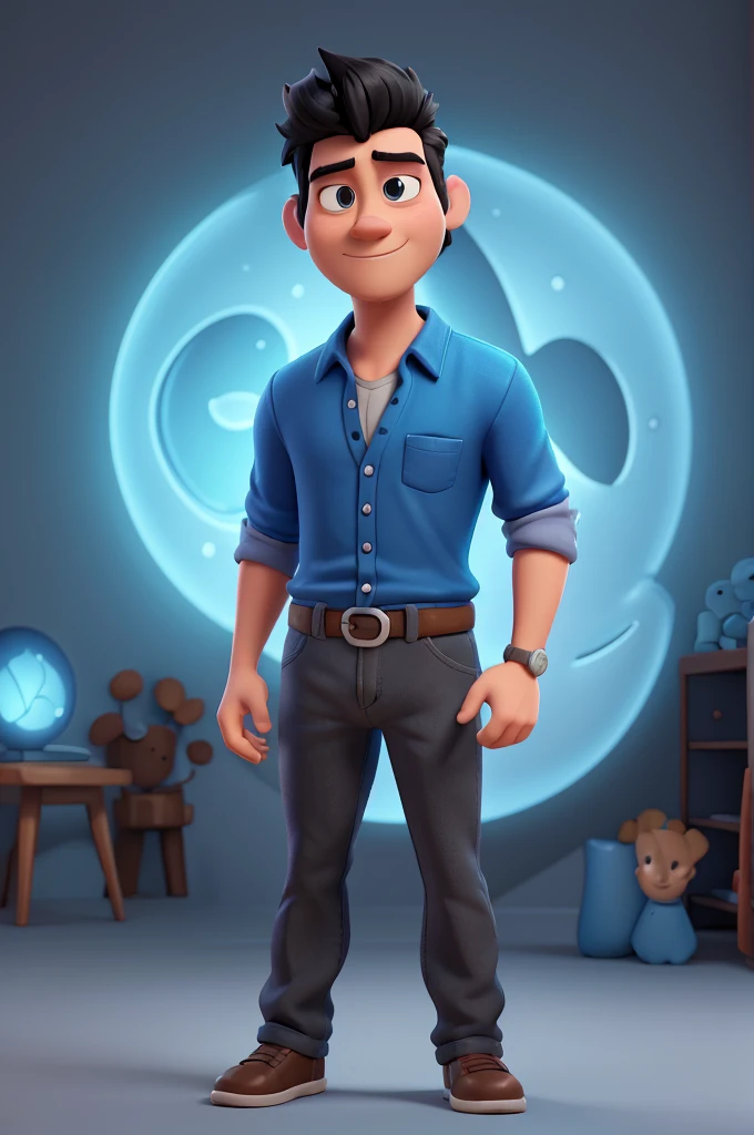 Cartoon character of a man , black hair and a blue shirt, animation character, stylized character, animation style rendering, 3d stylized, Arnold Maya rendering, Stylized 3D rendering, toon render screenshot, 3d character, 3d character, Stylized 3D rendering, 3D character rendering, cartoon character, Personagem de close up, character posing,  (Pixar-style) (master part:1.2) (bokeh) (best qualityer) (skin detailed) (detailed texture) (8k) (Argilla) (cinematic lighting) (sharp focus