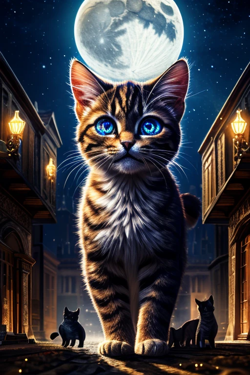 (Highest quality、masterpiece、8k))、Anatomically correct、Very detailed、High resolution、Realistic、((Beautiful, sparkling, detailed eyes))、Intricate details、Cinematic lighting、((Dynamic composition))、Giant kitten、A giant kitten like a monster、Kitten bigger than a building、A small town like a diorama、Punish the moon