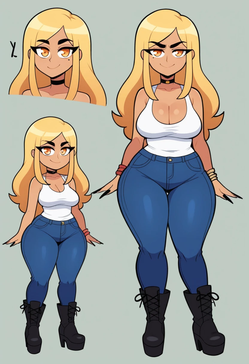 Expressiveh, egirlthot, chibiIcon, , score_9, score_8_up, score_8, (top quality,8k wallpaper),(masterpiece,best quality:1.2), ((source_anime, anime)), 1girl, , goat pupils, gyaru, ((very light blonde hair, long hair, )), old, mother, milf, , ,, tan skin, makeup, tan skin, saggy breasts, saggy, amused eyes, amused smile, , , wide eyes, jealous, jealousy, very jealous, yandere, , , blonde eyebrows, , obsessive, , black mascara, black eyeliner, yellow eyes, , , , , big sister, , large eyes, beauty mark, , giggling, laughing , , athletic , long fingernails,s1z3d1ff_t4lk, taller girl, standing, legs straight, , [[from below]:0.5], pov, eye contact, chibi, icon, cartoon, big head, wide hips, wide torso, plump, big eyes, full body, character sheet, various angles, white tanktop, denim jeans, platform boots, choker, 