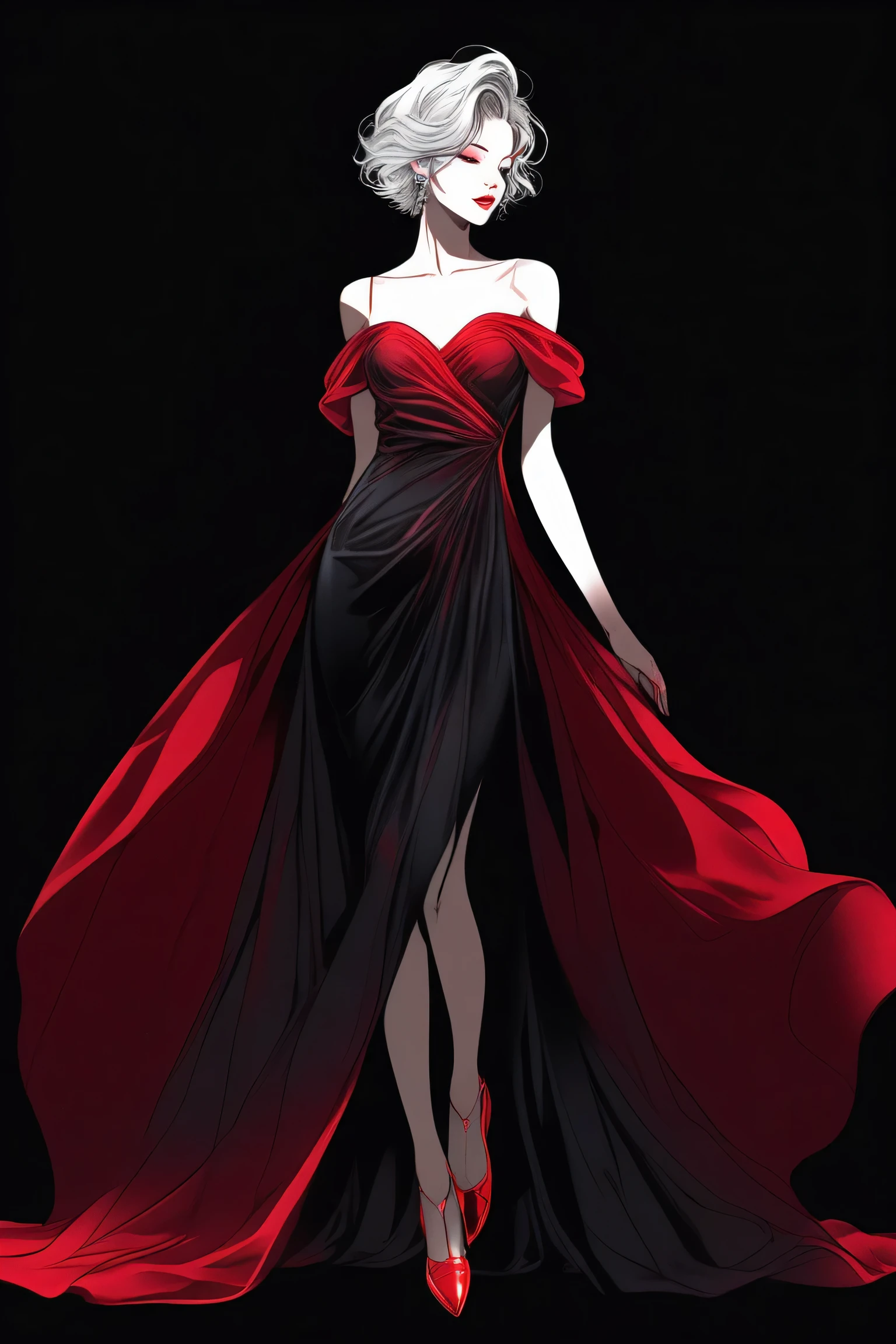 (Best quality, sketch:1.2),realistic,illustrator,anime,1 girl, detailed lips,custom, bad women, details, black and ruby gradient background,neon hair,Textured trim, masterpiece, retro classic style, [full length female mannequin, Sexy dress, silk dress, mercury dress, Astral dress, beautiful silky dress, Sexy dress, Dark red clothes, revealing stylish dress, dark Astral dress, soft silk dress, elegant dark red dress, stylish dark dress, extravagant dress] (photographic portrait)