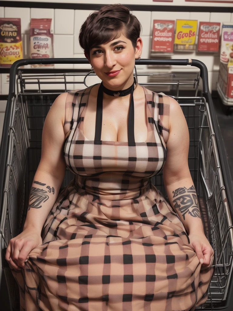 (background is an oversized grocery store aisle:1.3), 1girl, most beautiful woman ever, (doll-sized:1.4) (thicc:1.4) (blushing:1.3) (21 year old mayim bialik :1.2) wearing a (black 1950s gingham dress:1.5) and (sitting in oversized shopping cart with giant groceries:1.4) , (short pixie haircut:1.5), (aquiline nose:1.4), (tattooed:1.3), (gigantic breasts:1.4),