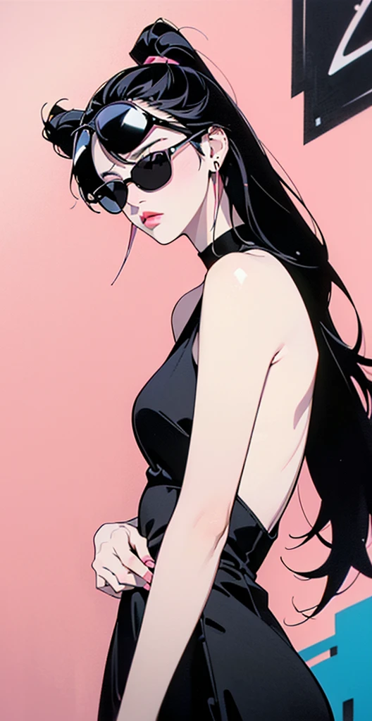 ((Lisa Black Pink)) in a dress standing in front of simple background, up close, ((Art style by Patrick Nagel)), ((8k, wallpaper, detailed)), dark sunglasses, korean pop-star, black hair, pretty hands, fringe, simple red background, palm trees, (graffiti wall:1.2), strong, courageous, art by Patrick Nagel, album art cover