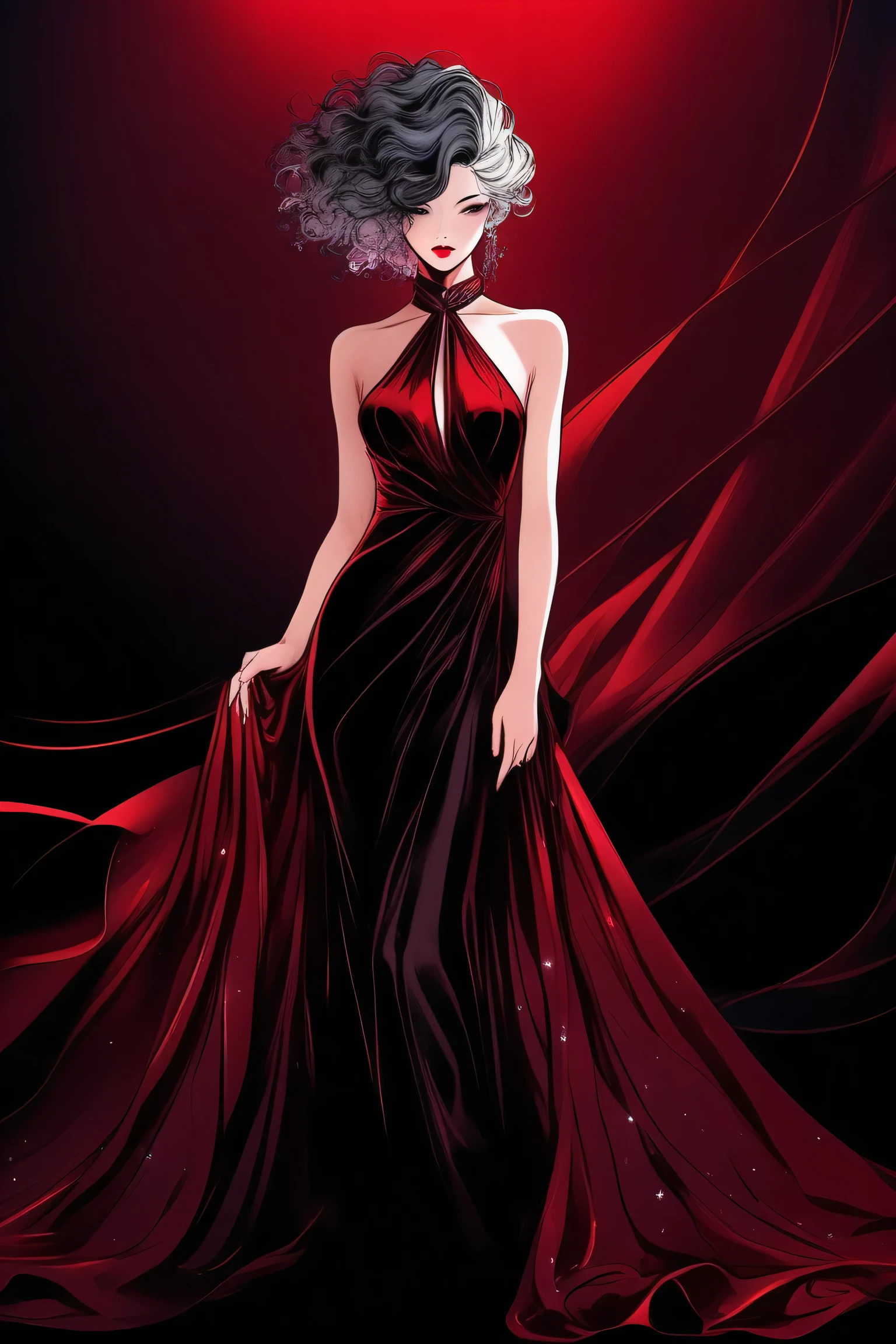 (Best quality, sketch:1.2),realistic,illustrator,anime,1 girl, detailed lips,custom, bad women, details, black and ruby gradient background,neon hair,Textured trim, masterpiece, retro classic style, [full length female mannequin, Sexy dress, silk dress, mercury dress, Astral dress, beautiful silky dress, Sexy dress, Dark red clothes, revealing stylish dress, dark Astral dress, soft silk dress, elegant dark red dress, stylish dark dress, extravagant dress] (photographic portrait)