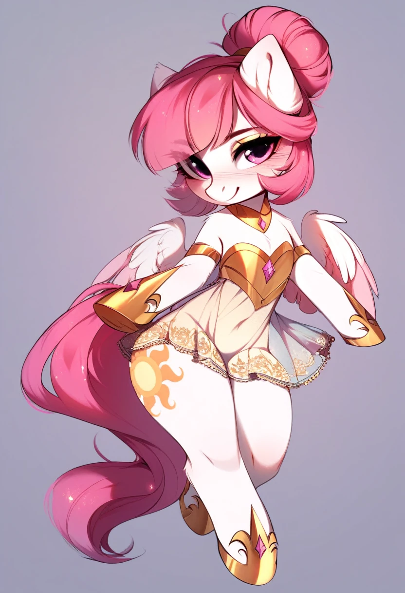 check_9, check_8_up, check_7_up, source_fluffy, rating_safe, from Magnaluna, Celestia poses seductively in a white bedroom, dark pink mane with gold stripes in it, hair bun with bangs, pink eyes, white body, thick thighs, anthro, blushing, wearing peach colored see through dress, full body