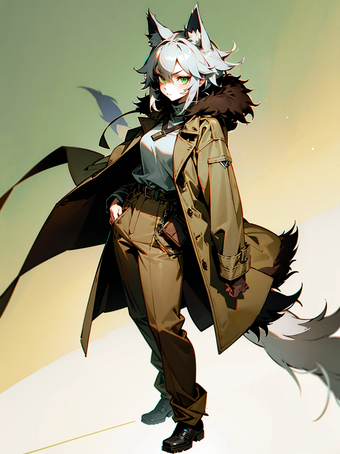1female, wolf ears, grey hair, green eyes, wolf tail, brown fur trenchcoat, brown baggy pants, serious