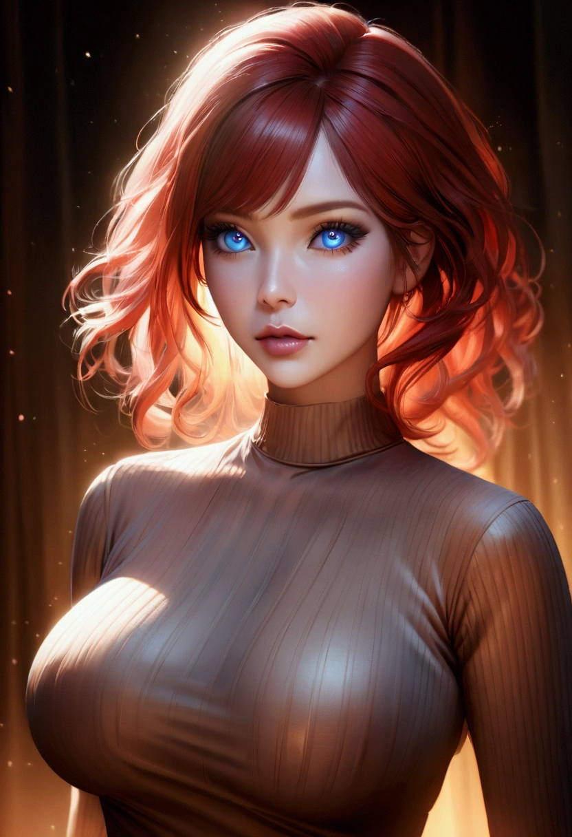 woman with big breasts, redhead, blue eyes, wearing a transparent sweater, small chin, hyper detailed face, extremely detailed eyes and face, long eyelashes, naturally beautiful, sensual, elegant, photorealistic, 8k, high resolution, cinematic lighting, dramatic lighting, chiaroscuro, warm color palette, soft colors, dramatic atmosphere