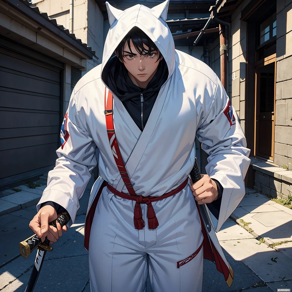 17 year old man. 1 meter and 60 cm high. It weighs 45 kilos. He wears a white samuari suit and a katana in his right hand..
The scenario is the following: it's a sunset, There is fire and blood on the ground because there is a war. And the young man stands, Looks stunning in the evening light. He doesn't look tall or strong, but as a young man, but its aurua imposes. And the burning fire of war decorates the scene.