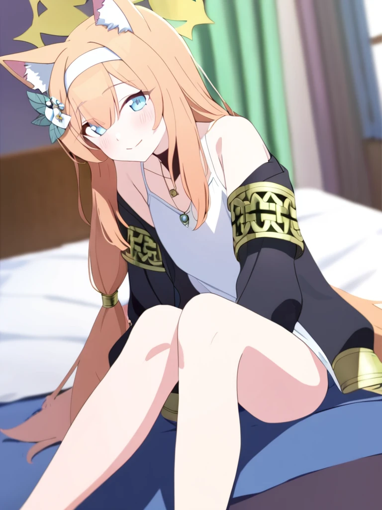 1girl
mari \(blue archive\)
bare legs, blue eyes, blush, fox ears, fox girl, from above, hair between eyes, halo, hand between legs, heart print, indoors, long hair, looking at viewer, looking up, necklace, off shoulder, on bed
newest, pillow, bare shoulders, smile, window, between legs, closed mouth, wariza, animal ear fluff, bed, solo, depth of field, blurry, animal ears, blurry background, very long hair, opened clothes
absurdres, highres, 