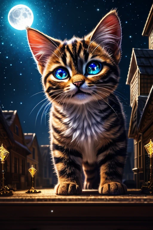 (Highest quality、masterpiece、8k))、Anatomically correct、Very detailed、High resolution、Realistic、((Beautiful, sparkling, detailed eyes))、Intricate details、Cinematic lighting、((Dynamic composition))、Giant kitten、A giant kitten like a monster、Kitten bigger than a building、A small town like a diorama、Arc de Triomphe、Nyazira、Fireball、((Nine tails))