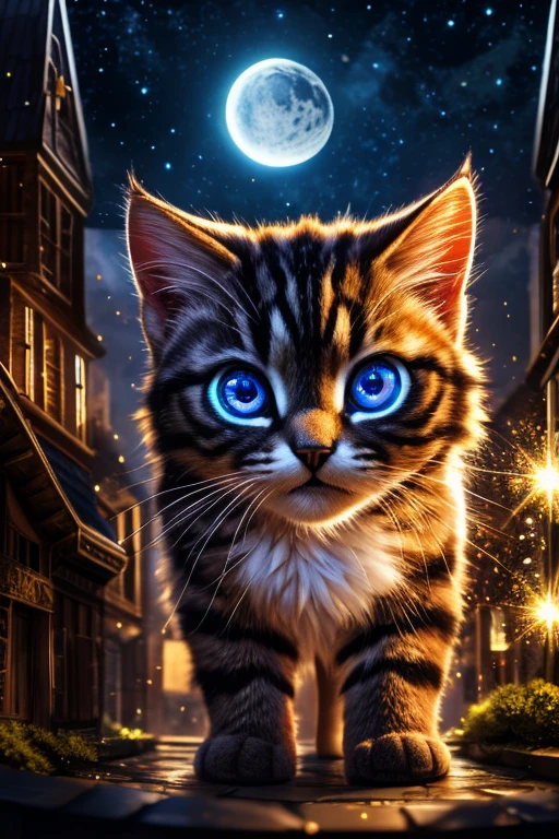 (Highest quality、masterpiece、8k))、Anatomically correct、Very detailed、High resolution、Realistic、((Beautiful, sparkling, detailed eyes))、Intricate details、Cinematic lighting、((Dynamic composition))、Giant kitten、A giant kitten like a monster、Kitten bigger than a building、A small town like a diorama、Arc de Triomphe、Nyazira、Fireball、((Nine tails))