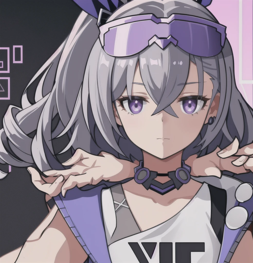 anime girl, purple jacket, grey hair, silver wolf, white shirt, 1girl, masterpiece, (beautiful and aesthetic:1. 5), thick black lineart, clean lineart, perfect lineart, variable lineart, clean anime outlines, intense line art, bold lineart, sharp lineart, best quality, high quality, best quality, ultra-detailed, colourful, saturated colours, dynamic lighting, HD,
