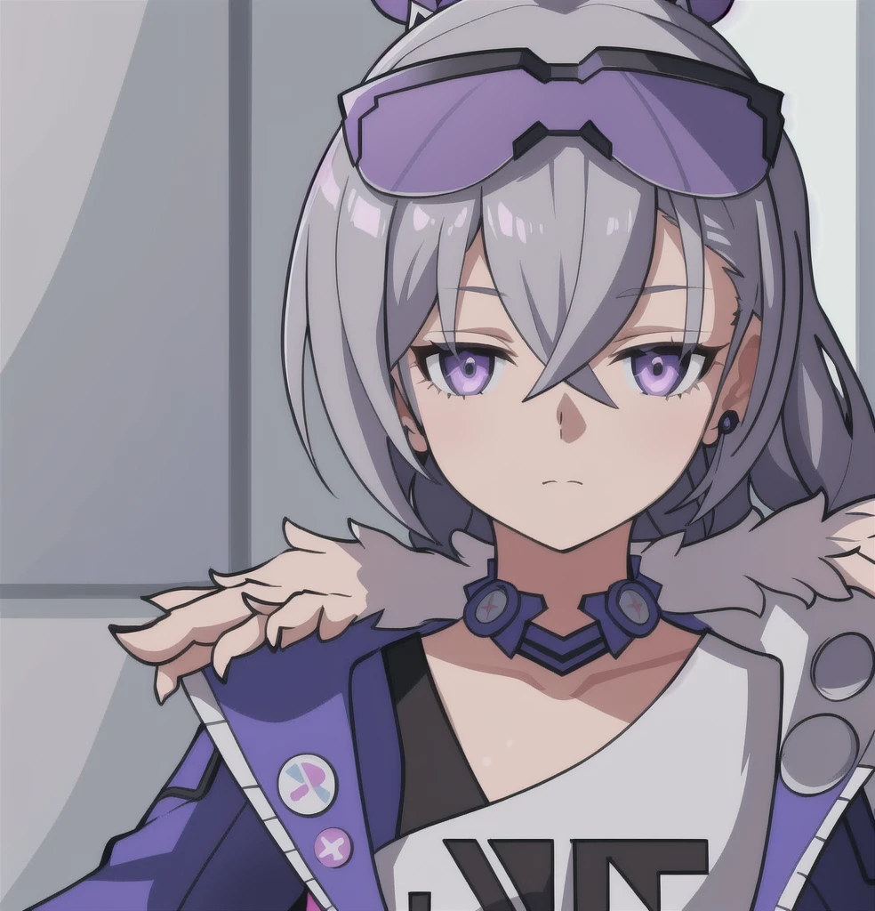 anime girl, purple jacket, grey hair, silver wolf, white shirt, 1girl, masterpiece, (beautiful and aesthetic:1. 5), thick black lineart, clean lineart, perfect lineart, variable lineart, clean anime outlines, intense line art, bold lineart, sharp lineart, best quality, high quality, best quality, ultra-detailed, colourful, saturated colours, dynamic lighting, HD,