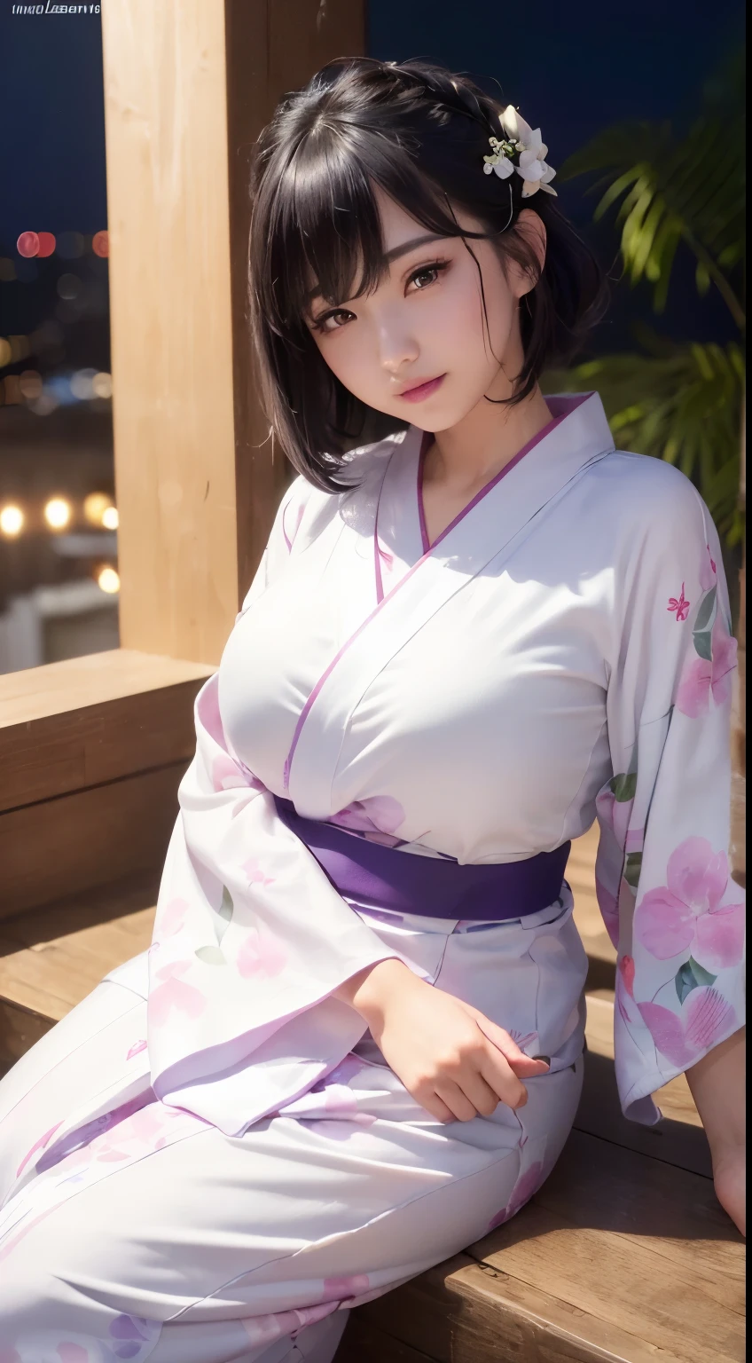 Photo Real、photoRealstic Dark hair、hair adornments、Kanzashi、Fancy hair ornaments、Flashy kanzashi、Lots of bangs、hair adornments、Tied hair with round face、drooing eyes、Gentle expression、Smiling、cheeks turn red Brightly colored yukata robes、Japanese Yukata、Yukata with flashy pattern、Large belly roll hi-school girl、sixteen years old、japanes、Slim Style、Beautiful skin、vaginal Boldly open legs、Pose with bold legs open、Boldly squat with your legs open、full body Esbian Background with、Summer Festivals、midnight、skyrocket、Very beautiful fireworks、Crowds、takeout