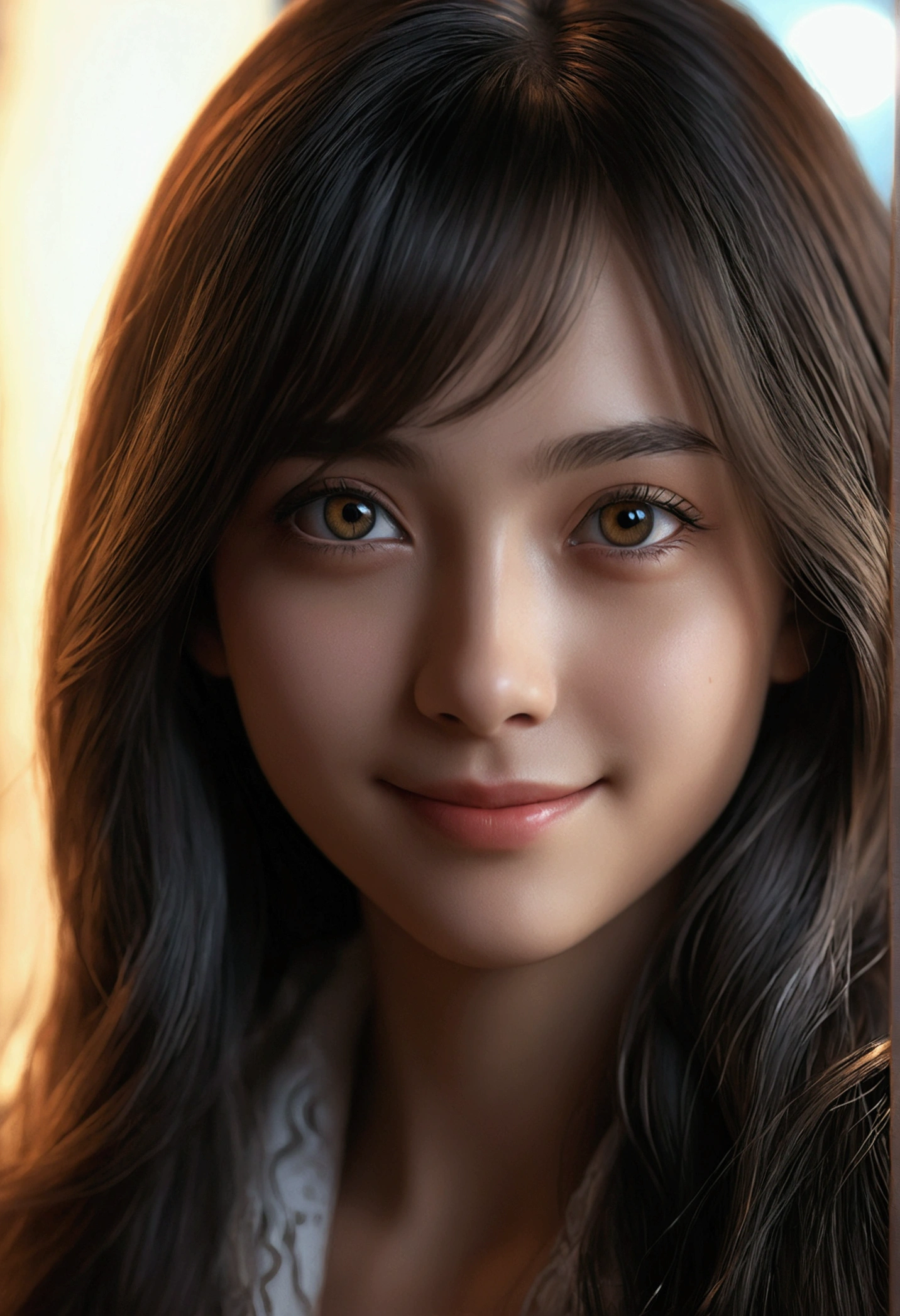 (Ultra Realistic), (Illustration), (Increased Resolution), (8K), (Extremely Detailed), (Best Illustration), (Beautiful and Detailed Eyes), (Best Quality), (Ultra Detailed), (Masterpiece ), ( wallpaper), (detailed face), solo, 1 girl, looking at viewer, fine details, detailed face, in the dark, deep shadows, low key, pureerosfaceace_v1, smiling, long hair, black shawl straight hair , 46 points oblique bangs