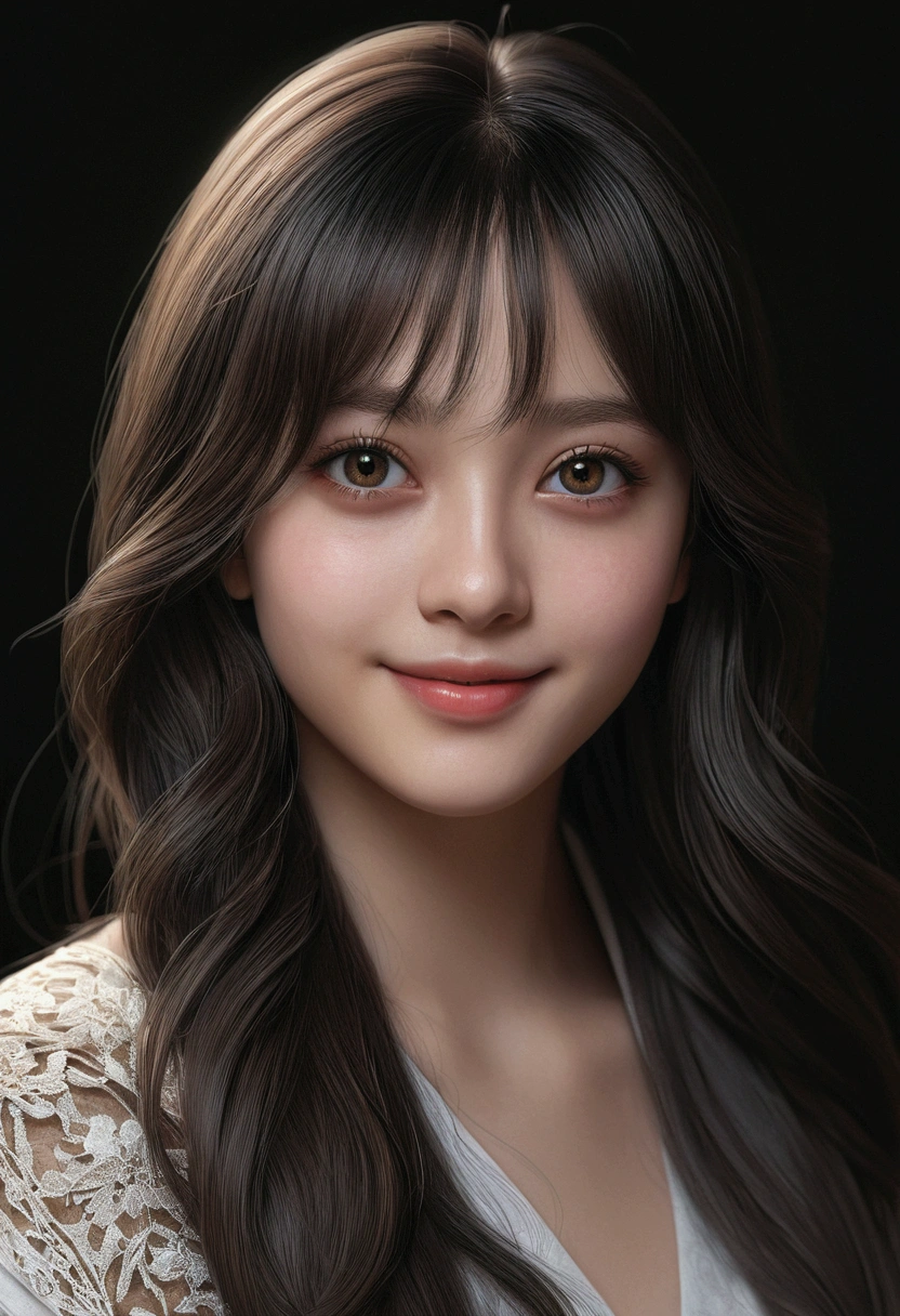 (Ultra Realistic), (Illustration), (Increased Resolution), (8K), (Extremely Detailed), (Best Illustration), (Beautiful and Detailed Eyes), (Best Quality), (Ultra Detailed), (Masterpiece ), ( wallpaper), (detailed face), solo, 1 girl, looking at viewer, fine details, detailed face, in the dark, deep shadows, low key, pureerosfaceace_v1, smiling, long hair, black shawl straight hair , 46 points oblique bangs