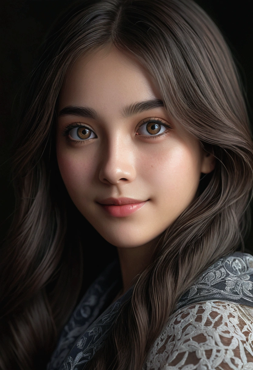 (Ultra Realistic), (Illustration), (Increased Resolution), (8K), (Extremely Detailed), (Best Illustration), (Beautiful and Detailed Eyes), (Best Quality), (Ultra Detailed), (Masterpiece ), ( wallpaper), (detailed face), solo, 1 girl, looking at viewer, fine details, detailed face, in the dark, deep shadows, low key, pureerosfaceace_v1, smiling, long hair, black shawl straight hair , 46 points oblique bangs