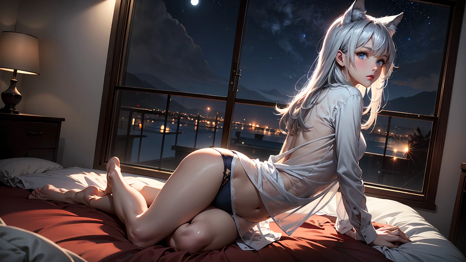 Design a detailed image of a stunning anime wolf girl with silverish hair and captivating blue eyes. She is leaning against her bed, gazing out of her bedroom window during a peaceful night. Her outfit consists of a silky see-through shirt and panties, accentuating her delicate features. The night sky is visible through the open window, with stars twinkling and the moon casting a soft light into the room. Her modern bedroom is adorned with gaming equipment and anime memorabilia, creating a cozy and nerdy ambiance.