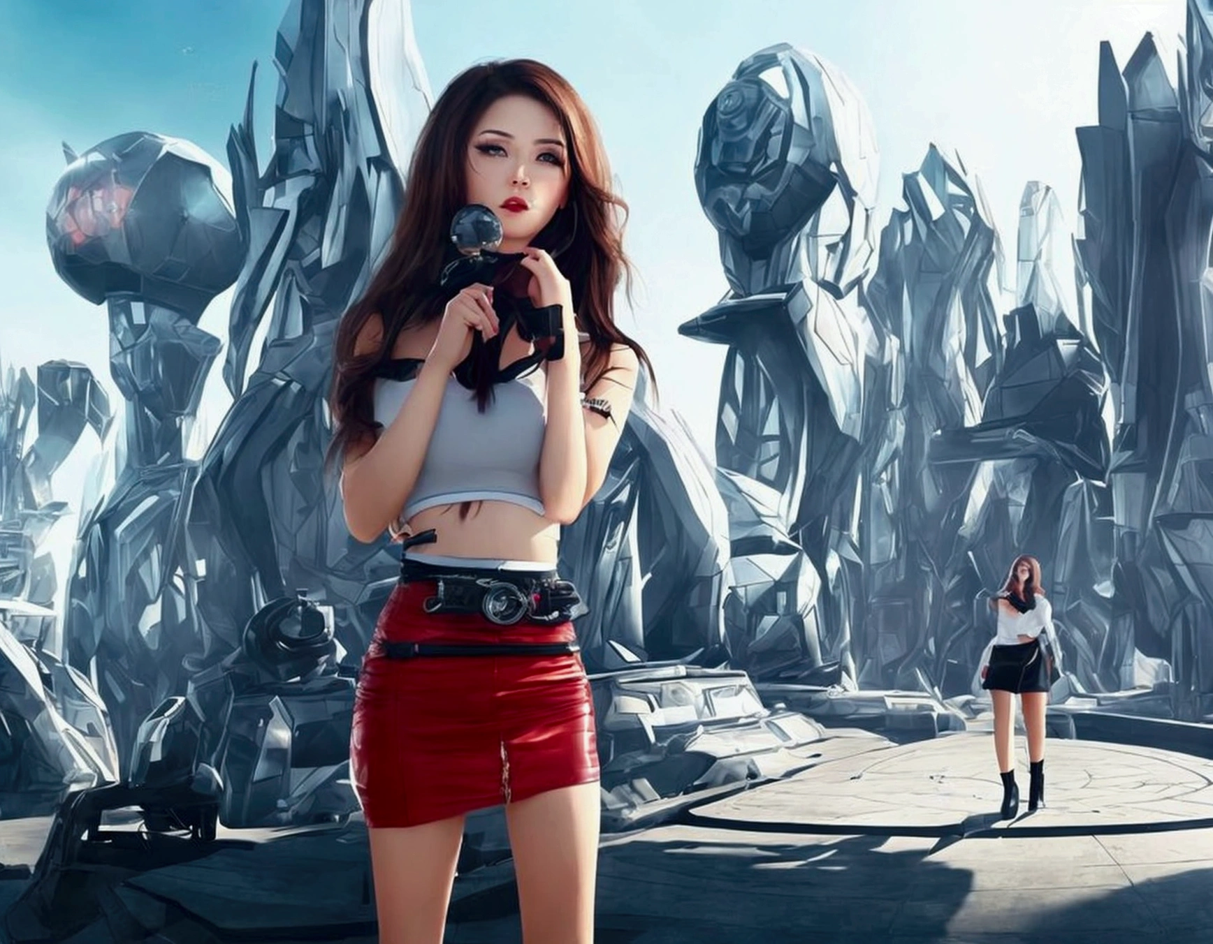 (beautiful look)  girl with dark hair and defined face, wearing a very short miniskirt,walking in a futuristic atompunk style park,in the middle of a futuristic city, outdoor scene with huge buildings googie art,(masterpiece,detailed) (high contrast)