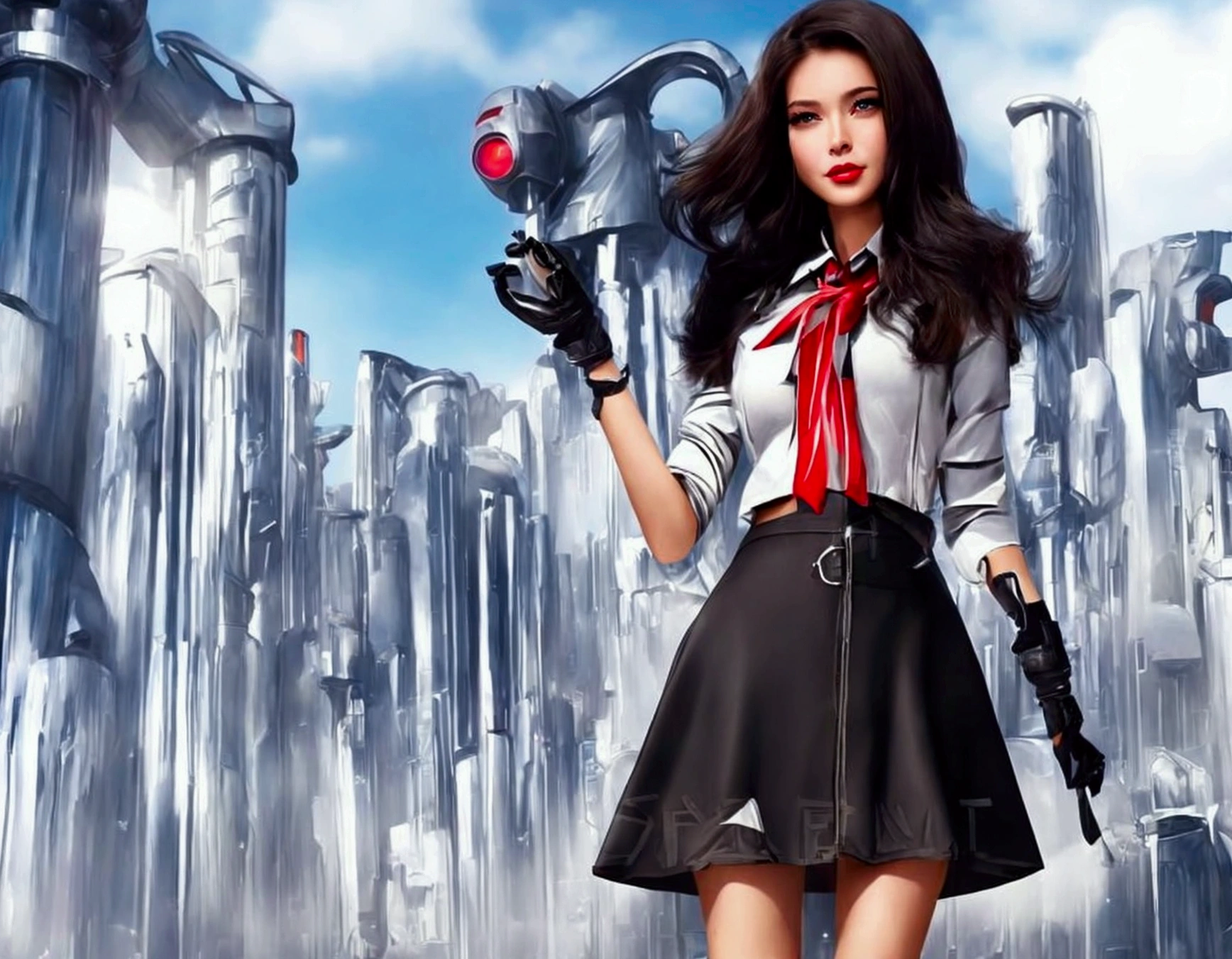 (beautiful look)  girl with dark hair and defined face, wearing a very short miniskirt,walking in a futuristic atompunk style park,in the middle of a futuristic city, outdoor scene with huge buildings googie art,(masterpiece,detailed) (high contrast)