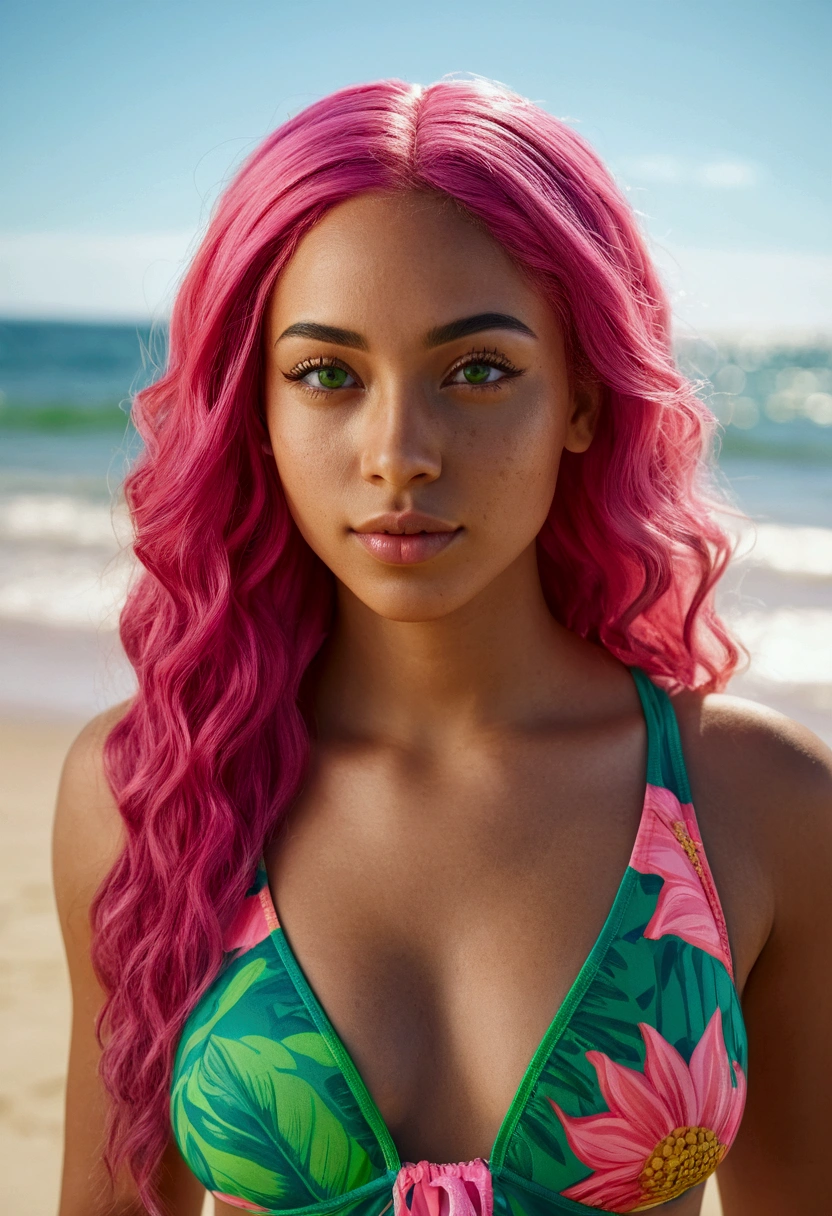 a beautiful 25 year old mixed race woman, long bright pink hair, vivid green eyes, standing on a beach under the sun in a swimsuit, highly detailed, photorealistic, 8k, ultra-detailed, realistic, photo-realistic, physically-based rendering, masterpiece, extremely detailed face and eyes, detailed skin texture, natural lighting, vibrant colors, cinematic composition, shallow depth of field