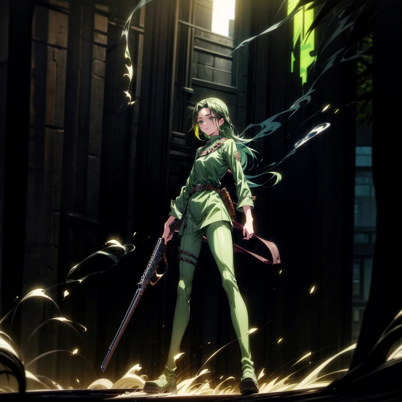 1girl, Full body version, 1character, green eyes, long haircut, skublue color hair, soldier style clothing, black color clothing, brown boots, Grassroots, background in city street, motion blur, lighting, (detective conan style art), standing gesture, shotgun in hand, fire effect, smoke effect,