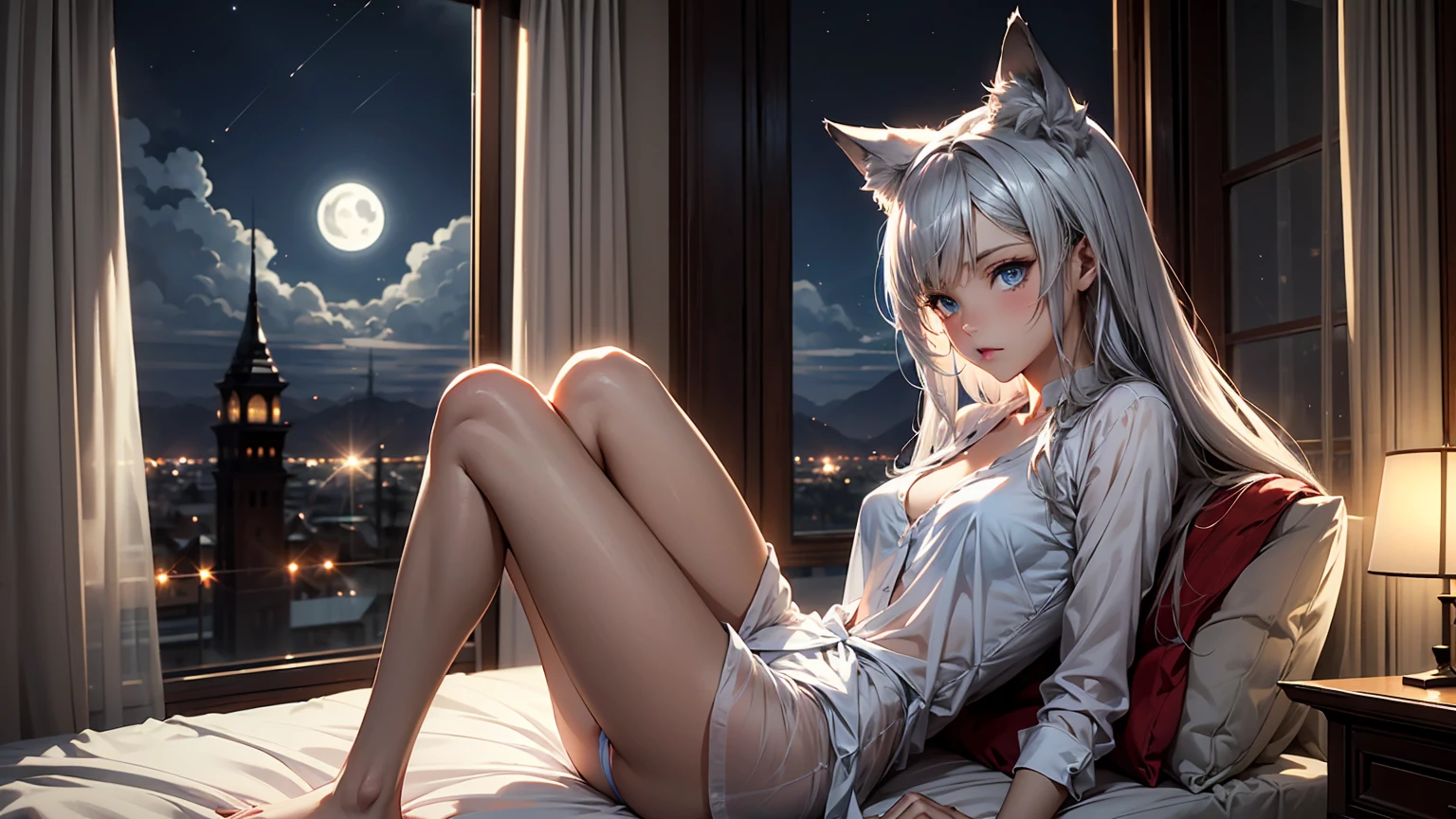 Illustrate a beautiful anime wolf girl with flowing silverish hair and deep blue eyes. She is leaning on her bed, looking wistfully out the window from her room at night. She is dressed in a silky see-through shirt and matching panties, showcasing her elegant form. The scene is bathed in the soft light of the moon, adding a magical touch to the nighttime setting. Her room features modern elements like a high-tech gaming setup and stylish anime decorations, enhancing the overall aesthetic with a blend of modernity and fantasy.