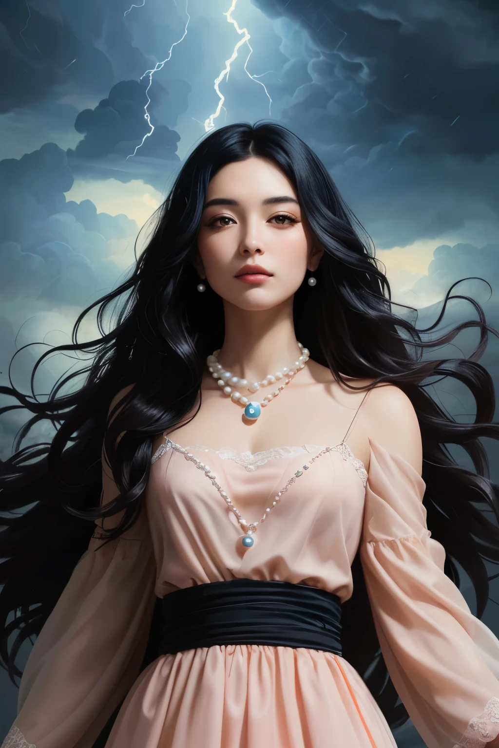 ((best quality)), ((masterpiece)), (detailed), A digital illustration of a young woman in peach color dress with long black hair wearing a pearl locket surrounded by dark storm clouds and monsters. She has a positive energy above her and a word Jimni girl is written at center