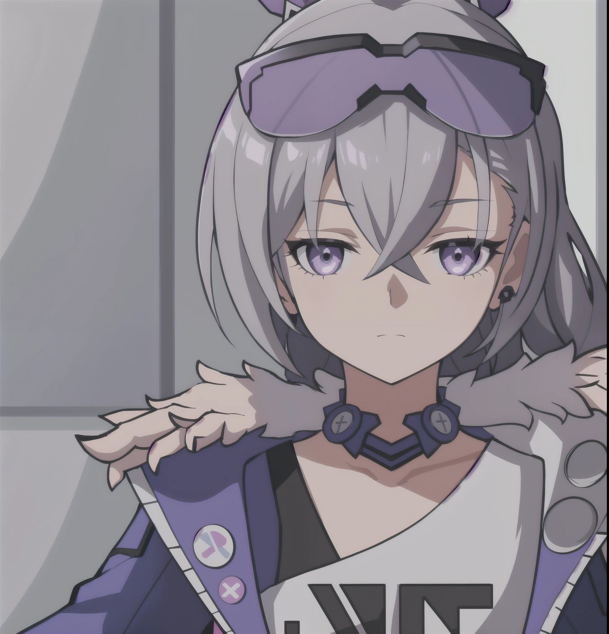 anime girl, purple jacket, grey hair, silver wolf, white shirt, 1girl, masterpiece, (beautiful and aesthetic:1. 5), thick black lineart, clean lineart, perfect lineart, variable lineart, clean anime outlines, intense line art, bold lineart, sharp lineart, best quality, high quality, best quality, ultra-detailed, colourful, saturated colours, dynamic lighting, HD,